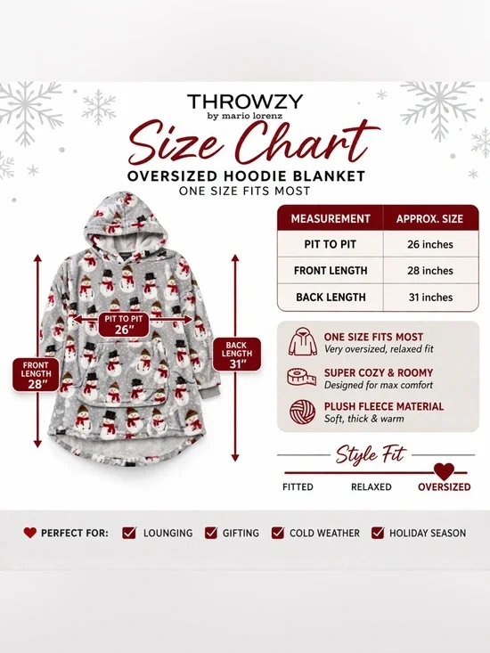 Throwzy Snowman Hoodie Blanket One Size Cozy Plush Oversized Winter Lounger NWOT - Picture 3 of 3